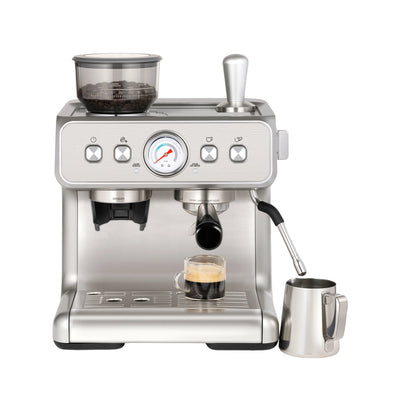 Commercial Espresso Machine Built for Office Use, Integrated Grinder, PID Temperature Control, Steam Wand