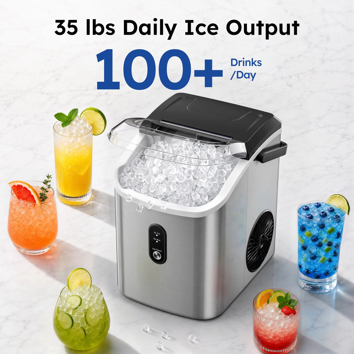 35Lbs/24H Nugget Ice Maker Countertop, Portable Ice Maker Machine with Self-Cleaning, Stainless Steel Silver