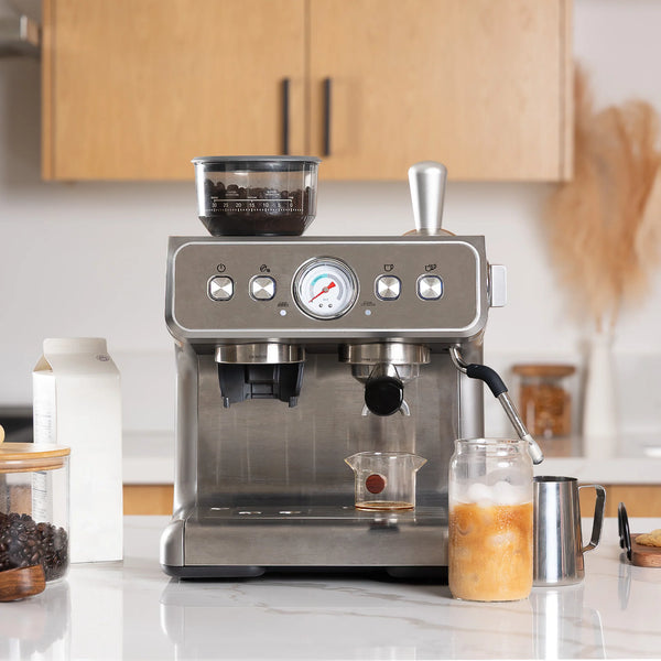 Commercial Espresso Machine Built for Office Use, Integrated Grinder, PID Temperature Control, Steam Wand