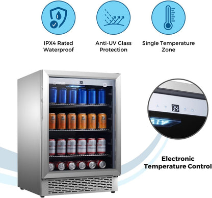 Equator 4.6 Cu Ft Outdoor/Indoor Refrigerator – Stainless Steel Beverage Cooler, 110 Can+6 Bottle Capacity, Built-In or Freestanding, IPX4 Waterproof, Frost-Free Cooling