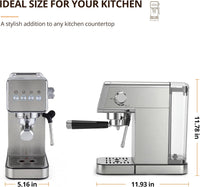 Compact Espresso Machine with Milk Frother, Espresso Machine with Milk Frother and Steamer, Stainless Steel Coffee and Espresso Machine for Latte and Cappuccino with Removable Water Tank Silver