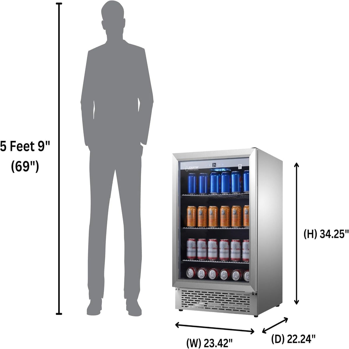 Equator 4.6 Cu Ft Outdoor/Indoor Refrigerator – Stainless Steel Beverage Cooler, 110 Can+6 Bottle Capacity, Built-In or Freestanding, IPX4 Waterproof, Frost-Free Cooling