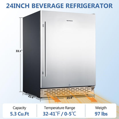 Beverage Refrigerator 24Inch, 175 Cans Indoor/Outdoor Undercounter Beverage Cooler Refrigerator Stainless Steel Beer Fridge with Safety Lock Built-In/Freestanding-Silver Foam Door