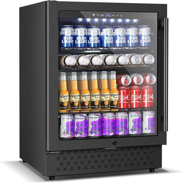Beverage Refrigerator 24In 200Can 5.2Cu.Ft Glass Door Lock LED Home Kitchen