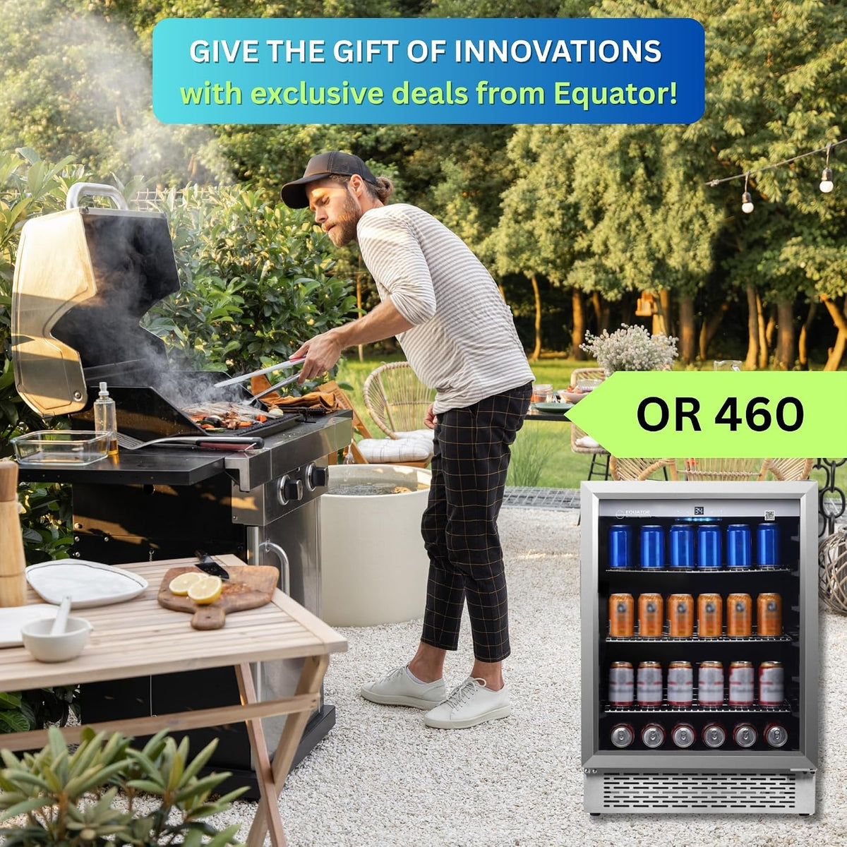 Equator 4.6 Cu Ft Outdoor/Indoor Refrigerator – Stainless Steel Beverage Cooler, 110 Can+6 Bottle Capacity, Built-In or Freestanding, IPX4 Waterproof, Frost-Free Cooling
