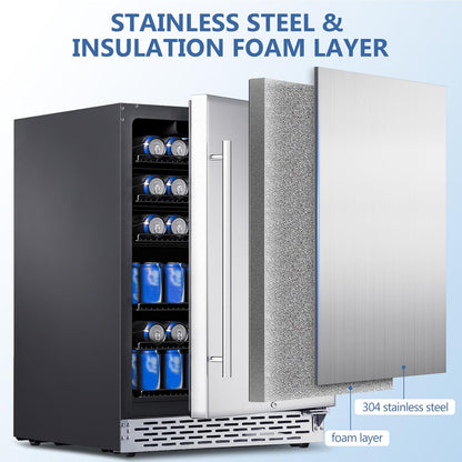 Beverage Refrigerator 24Inch, 175 Cans Indoor/Outdoor Undercounter Beverage Cooler Refrigerator Stainless Steel Beer Fridge with Safety Lock Built-In/Freestanding-Silver Foam Door