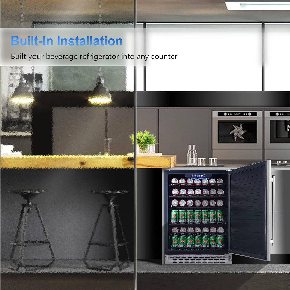 Beverage Refrigerator 24Inch, 175 Cans Indoor/Outdoor Undercounter Beverage Cooler Refrigerator Stainless Steel Beer Fridge with Safety Lock Built-In/Freestanding-Silver Foam Door