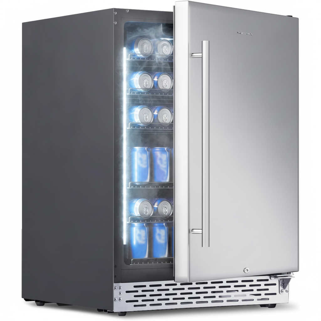 Beverage Refrigerator 24Inch, 175 Cans Indoor/Outdoor Undercounter Beverage Cooler Refrigerator Stainless Steel Beer Fridge with Safety Lock Built-In/Freestanding-Silver Foam Door