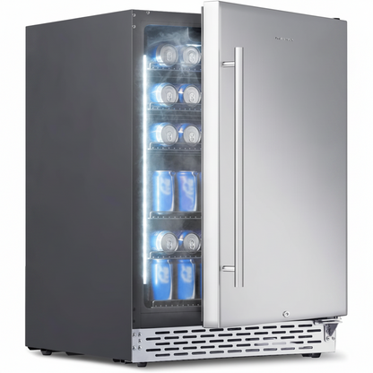 Beverage Refrigerator 24Inch, 175 Cans Indoor/Outdoor Undercounter Beverage Cooler Refrigerator Stainless Steel Beer Fridge with Safety Lock Built-In/Freestanding-Silver Foam Door