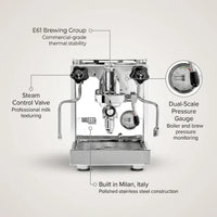 Espresso Machine Engineered for Commercial Performance, E61 Group Head, Heat Exchanger Boiler, Milan Built — infographic